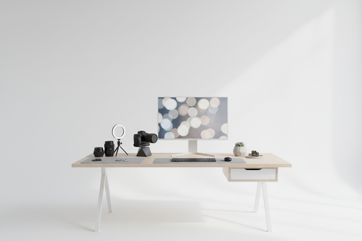 simple clean background, camera desk setup, blurred camera shot, or abstract.
